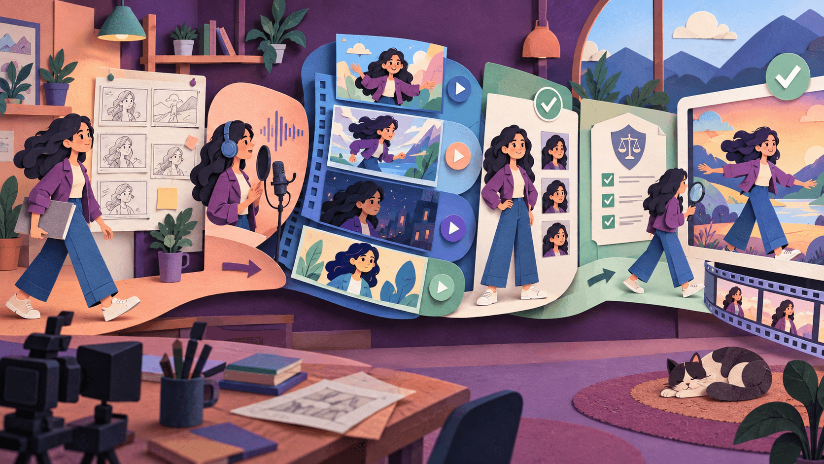 Hedra Review 2026: AI Characters, Video Models & Pricing Paper-cut editorial illustration of one reusable fictional character moving through storyboard, voice, model choice, consistency, rights review, and approved export
