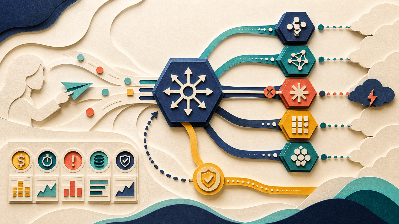 Helicone Review 2026: AI Gateway, Observability, Pricing, and Fit Paper-cut illustration of an AI request gateway routing work across model paths with cost, latency, failure, cache, and fallback checkpoints