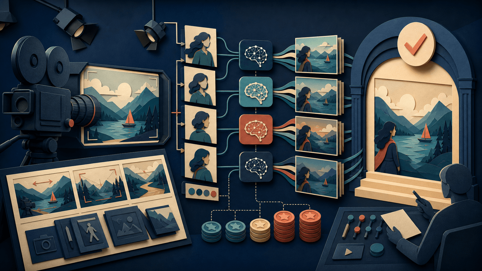 Higgsfield AI video generator review Paper-cut editorial illustration of an AI video studio balancing camera direction, consistent characters, model choices, credit costs, and approval