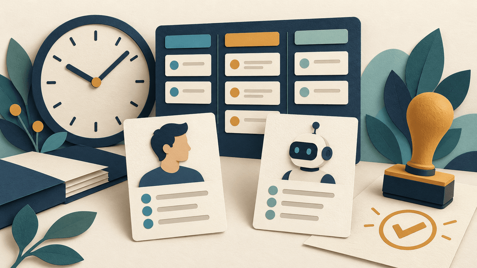 A clock and task board with separate human and robot work cards awaiting approval