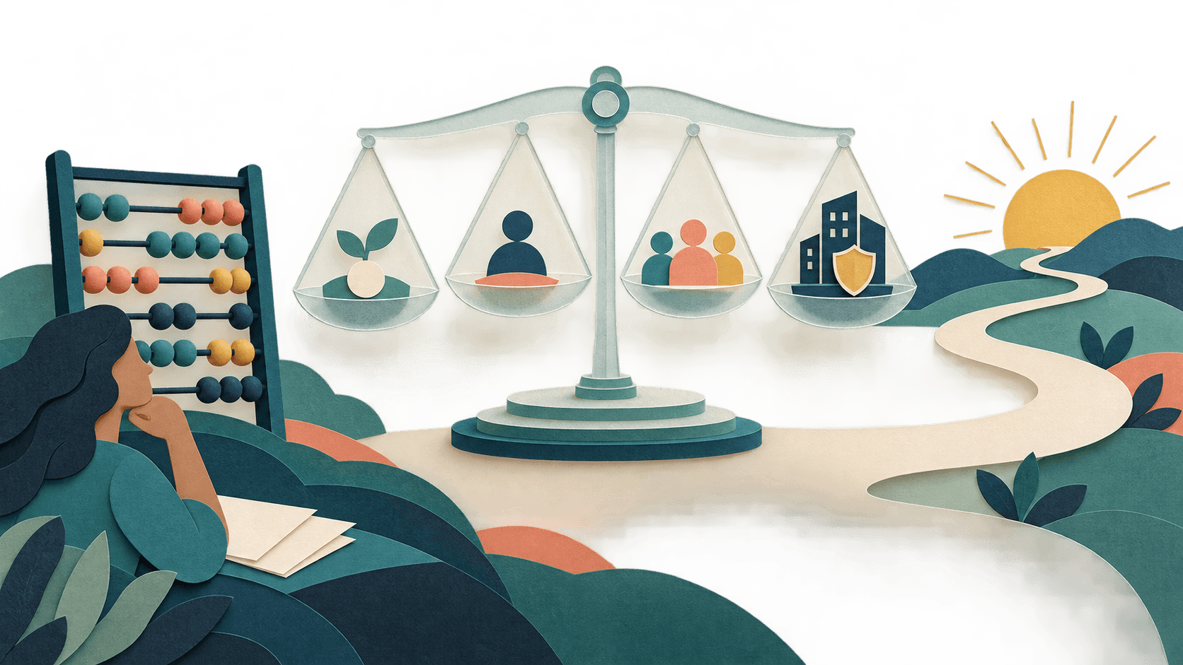 A layered AI pricing ladder measured against useful outcomes Paper-cut illustration of free, individual, team, and enterprise AI software tiers balanced against completed work