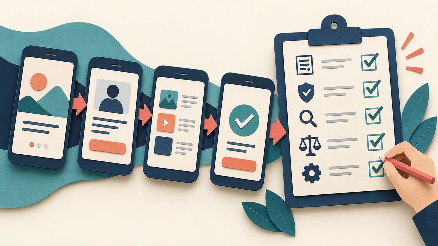 How to Check AI App-Promo Videos Before Publishing An app demo storyboard passing through a factual review checklist