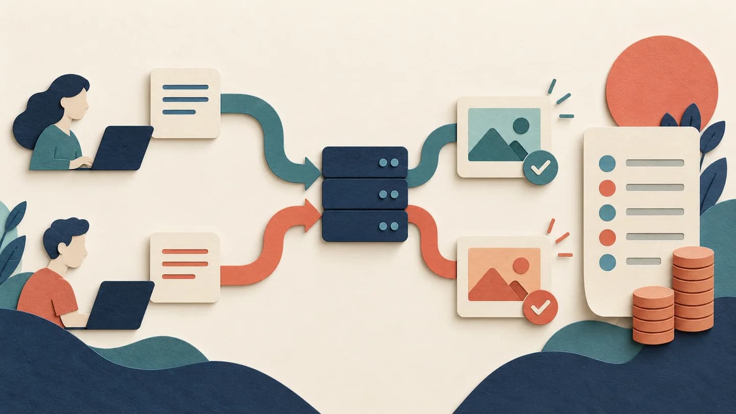 How to Compare AI API Cost per Accepted Result Two API paths reaching accepted outputs beside a cost ledger
