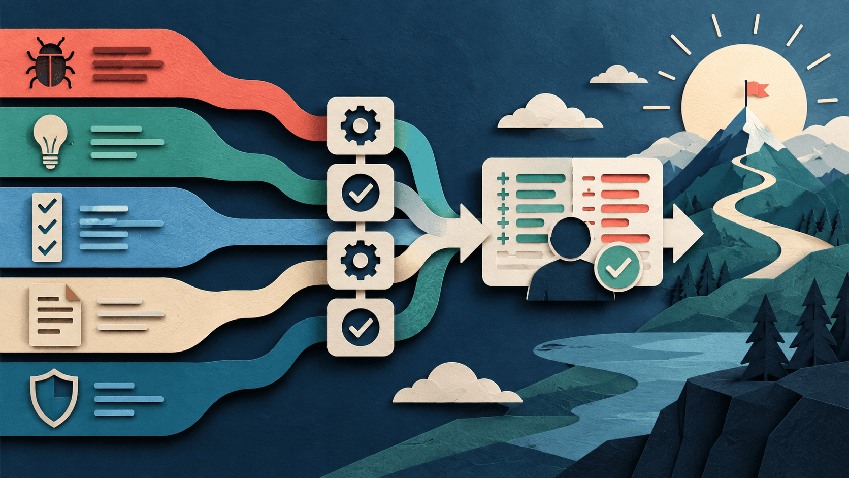 How to Evaluate an AI Coding Agent: A Five-Task Test Paper-cut editorial illustration of a five-lane repository test ending in an accepted-diff ledger