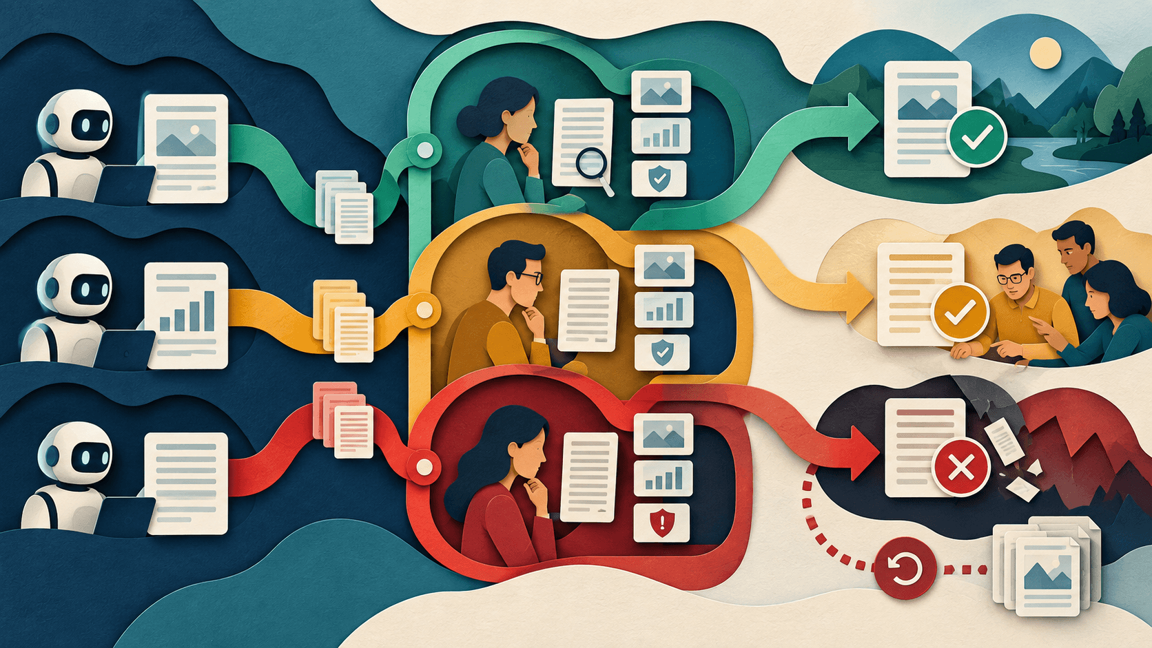How to Add Human Approval Gates to AI Workflows Abstract paper-cut editorial illustration of AI drafts and proposed actions pausing at risk-tiered human review gates with evidence, reject, edit, approve, and rollback paths