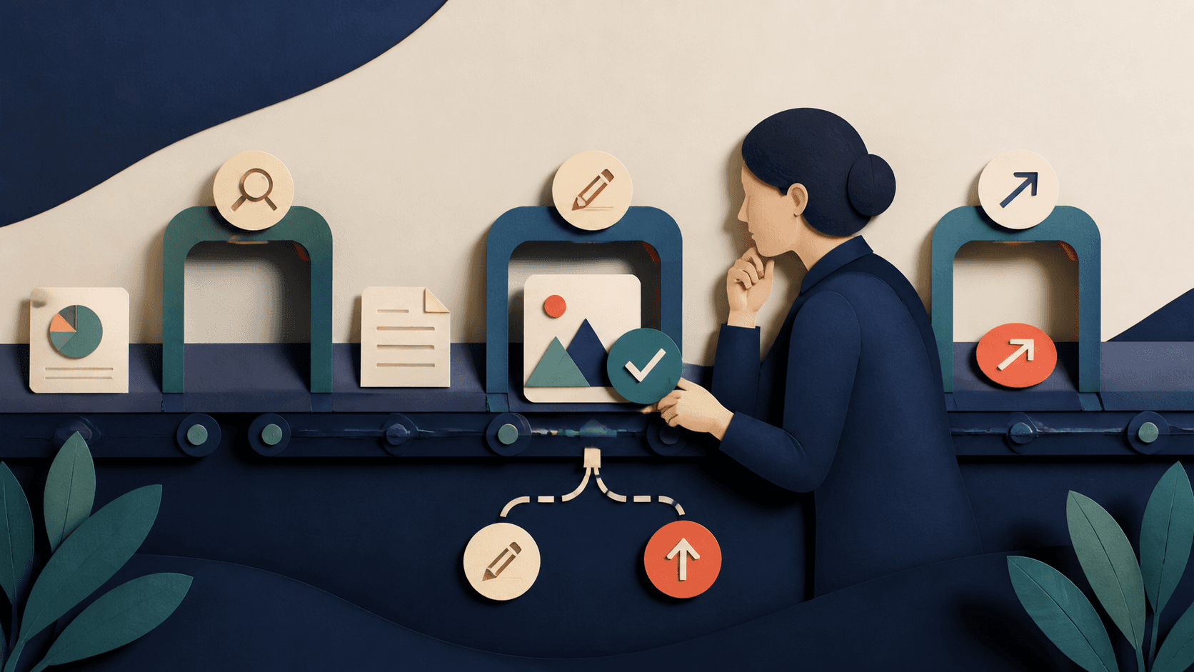 Human-in-the-loop AI review workflow Editorial illustration of an automated AI workflow pausing at human review gates for approval, revision, or escalation
