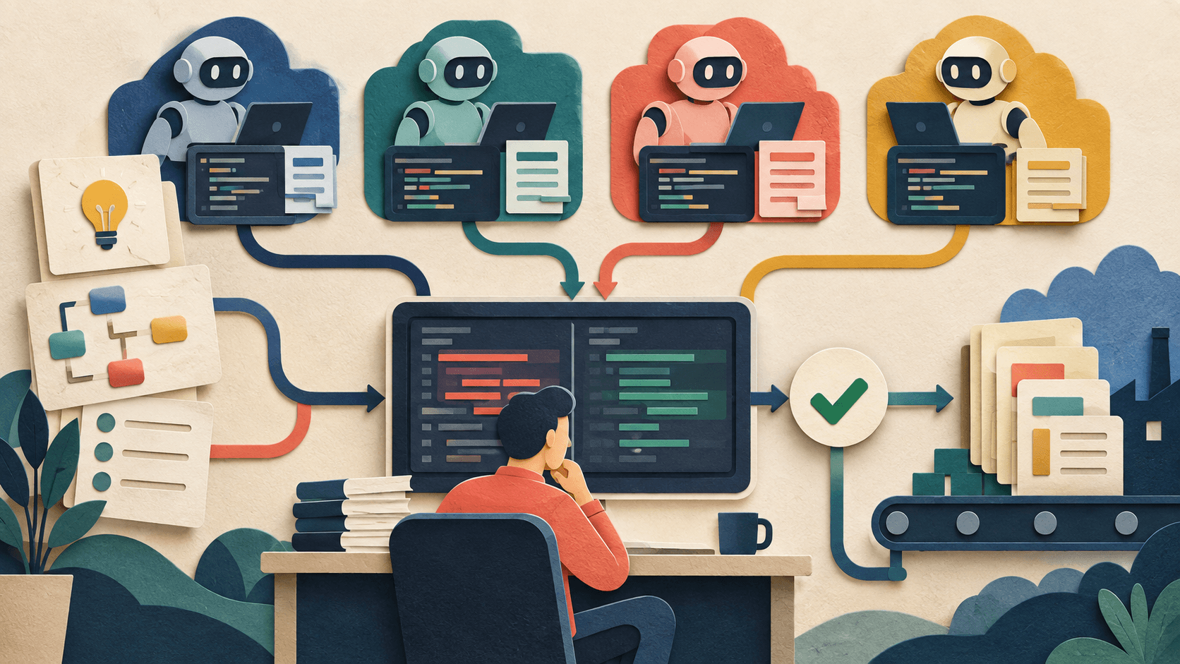 HumanLayer Review 2026: Coding Agent Workspace, Pricing, and Fit Paper-cut human reviewer coordinating four coding agents through shared plans, code diffs, and an approval gate
