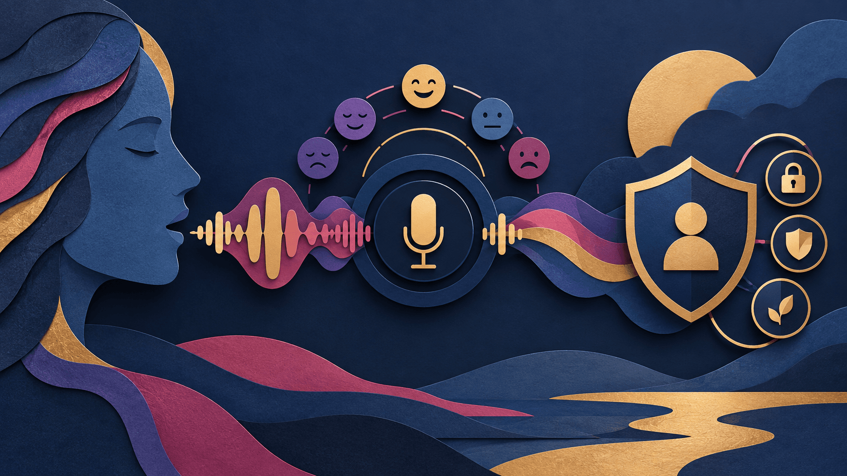 Hume AI Review 2026: Expressive Voice, Pricing, and Risks Paper-cut editorial concept showing expressive voice contours with consent and uncertainty controls