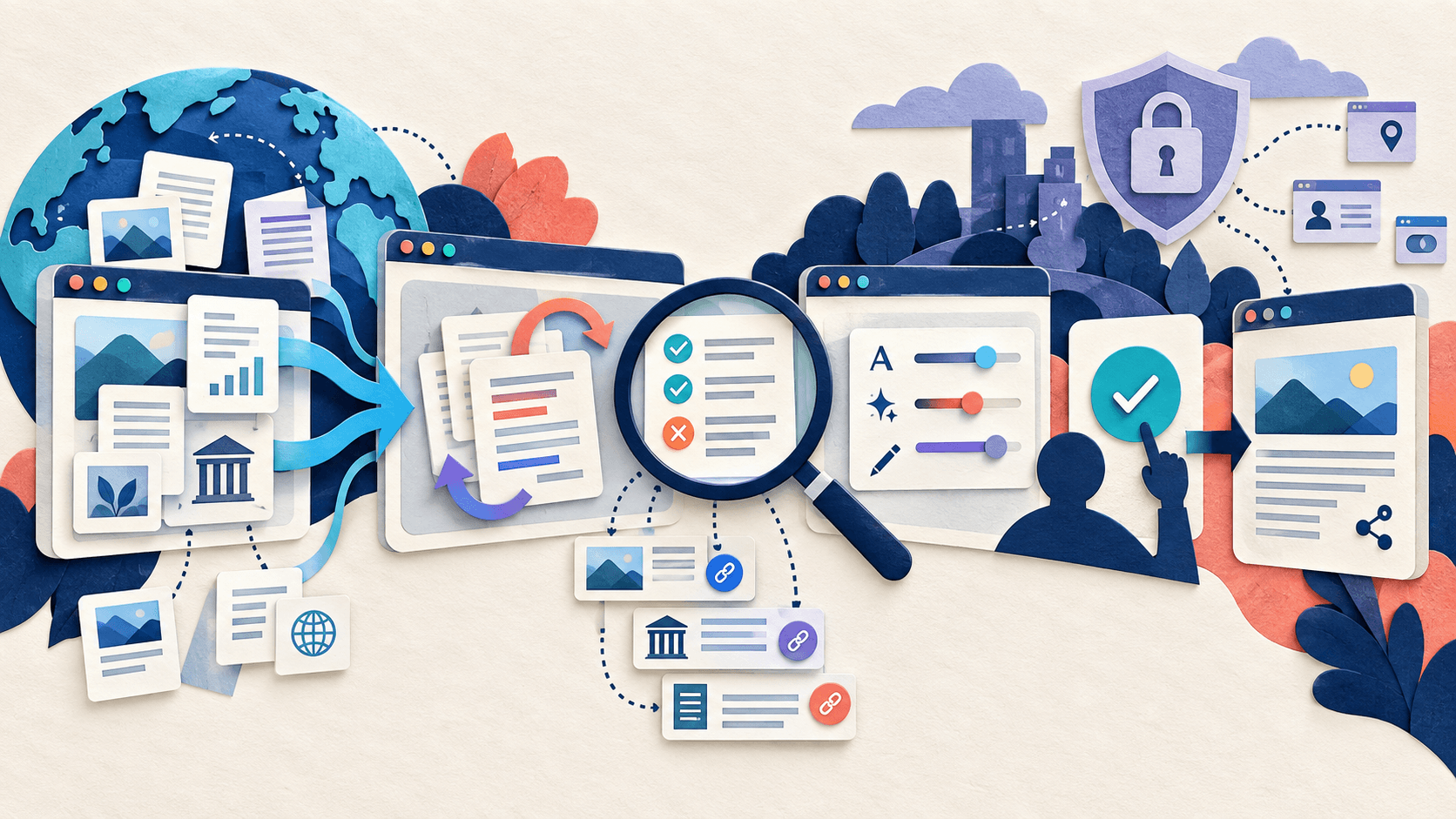 HyperWrite Review 2026 Paper-cut editorial illustration of browser-based writing and research cards moving through source checks, style editing, and human approval