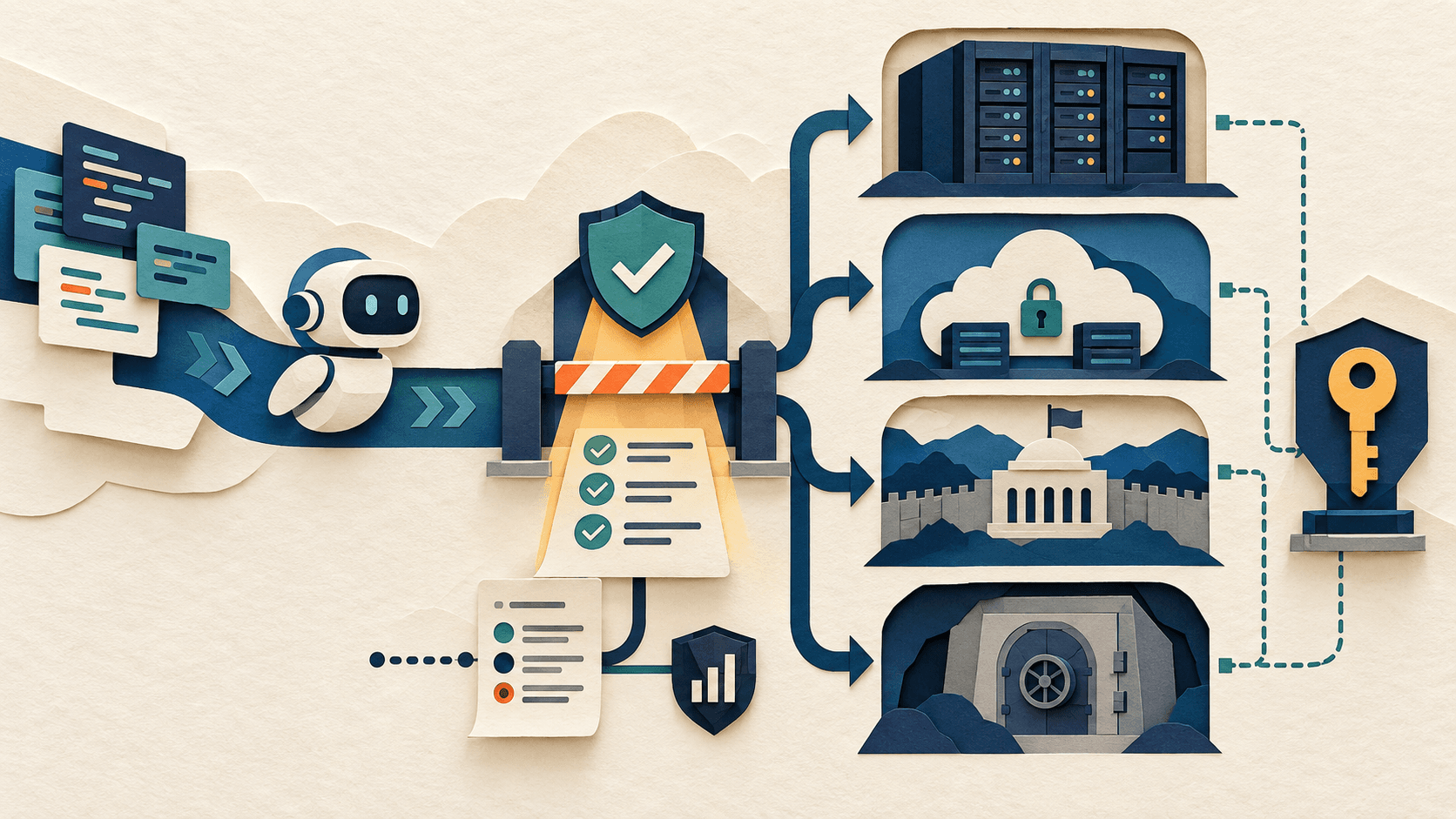 ibm bob self hosted ai sovereignty 2026 Paper-cut editorial illustration of an AI coding workflow passing a verification gate before entering on-premises, private-cloud, sovereign, and air-gapped environments