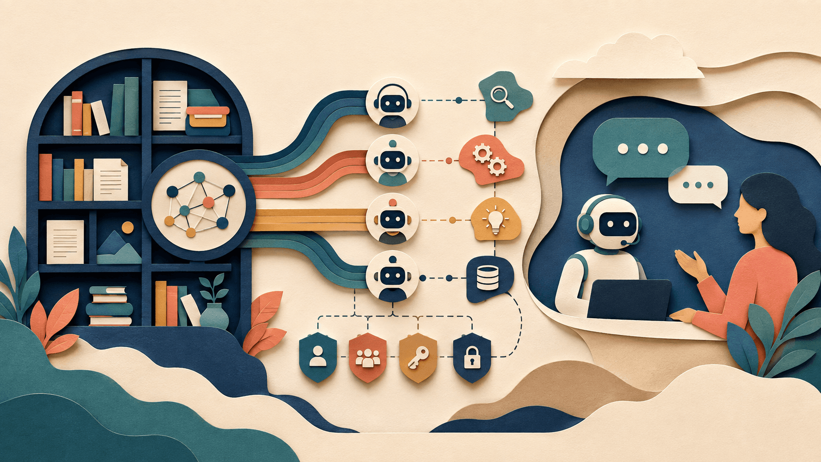 Inkeep Review 2026: Open-Source AI Agent Builder Paper-cut knowledge library feeding coordinated AI agents and a support conversation through permission controls