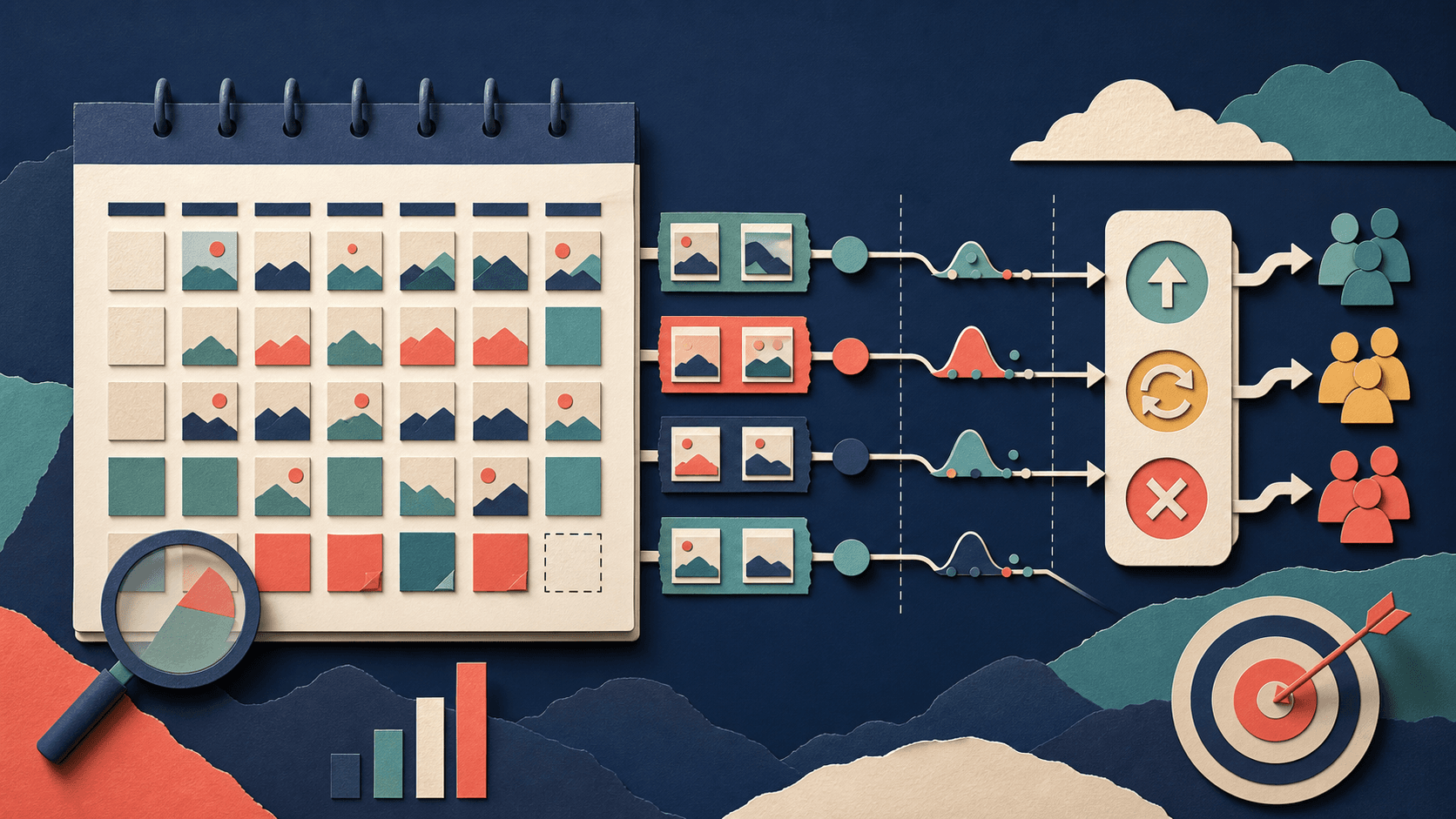 Instagram content experiment 30-day framework Editorial illustration of matched Instagram content variants moving through a 30-day calendar and controlled test lanes into keep, revise, or stop decisions
