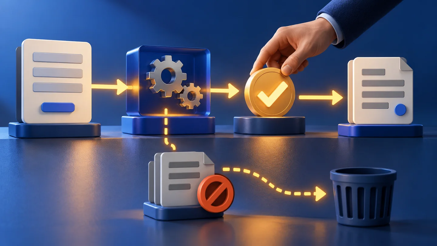 Connected workflow cards passing through a human approval checkpoint