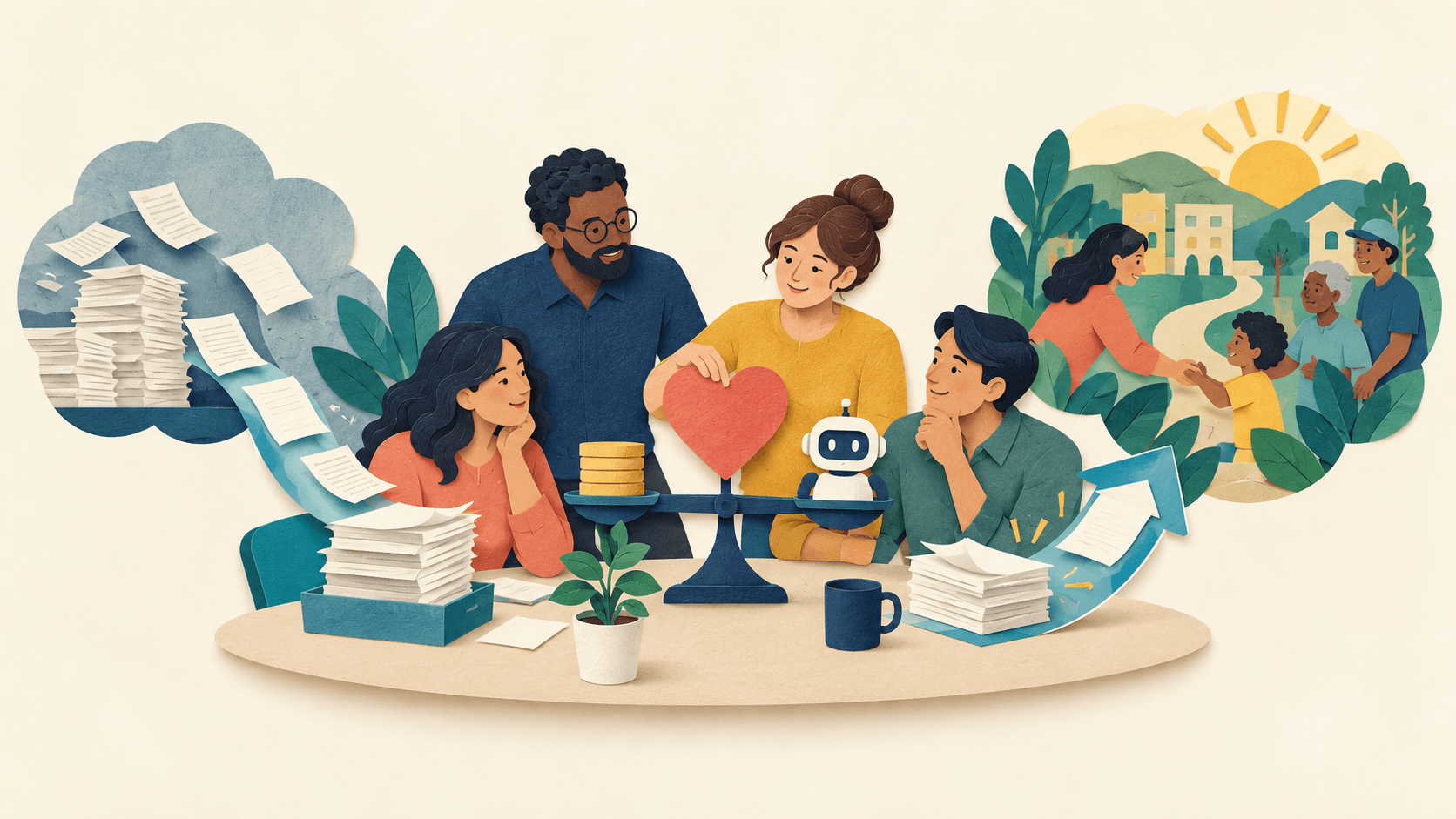 A nonprofit team weighing mission value against AI adoption cost Paper-cut illustration of a nonprofit team balancing mission impact, budget, staff time, and an AI-assisted workflow