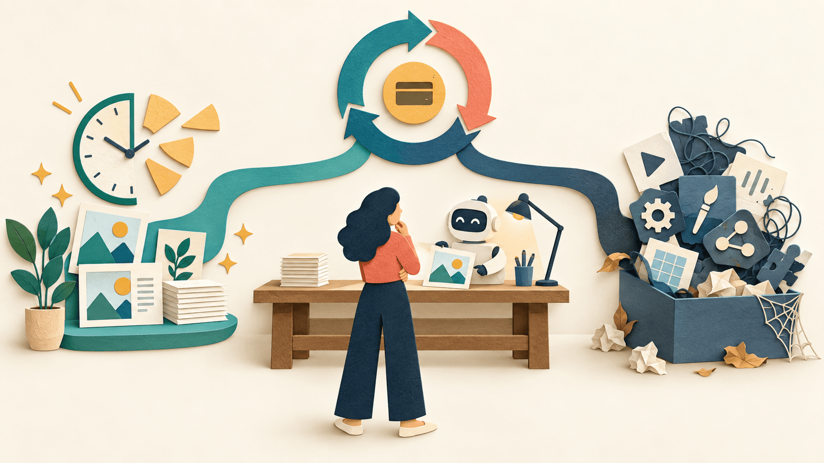 A recurring AI subscription loop separated into value and waste Paper-cut illustration of a recurring subscription feeding useful completed work while unused features collect aside