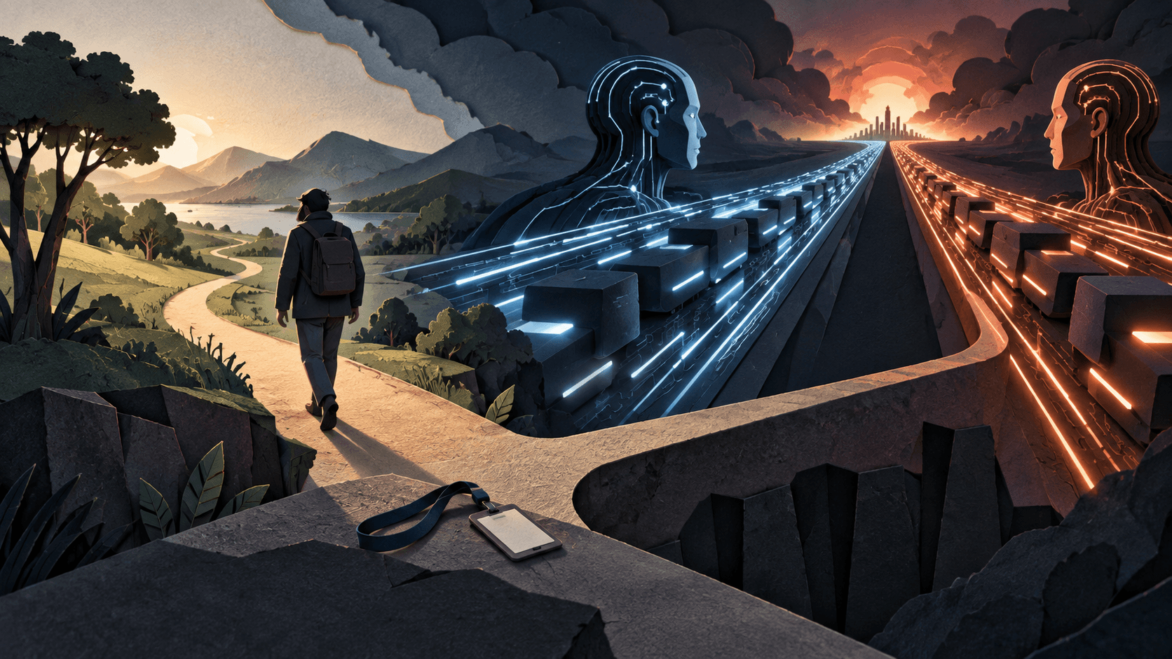 A researcher steps away from the accelerating frontier AI race Paper-cut editorial illustration of a researcher leaving two accelerating artificial intelligence pathways for a quieter human path