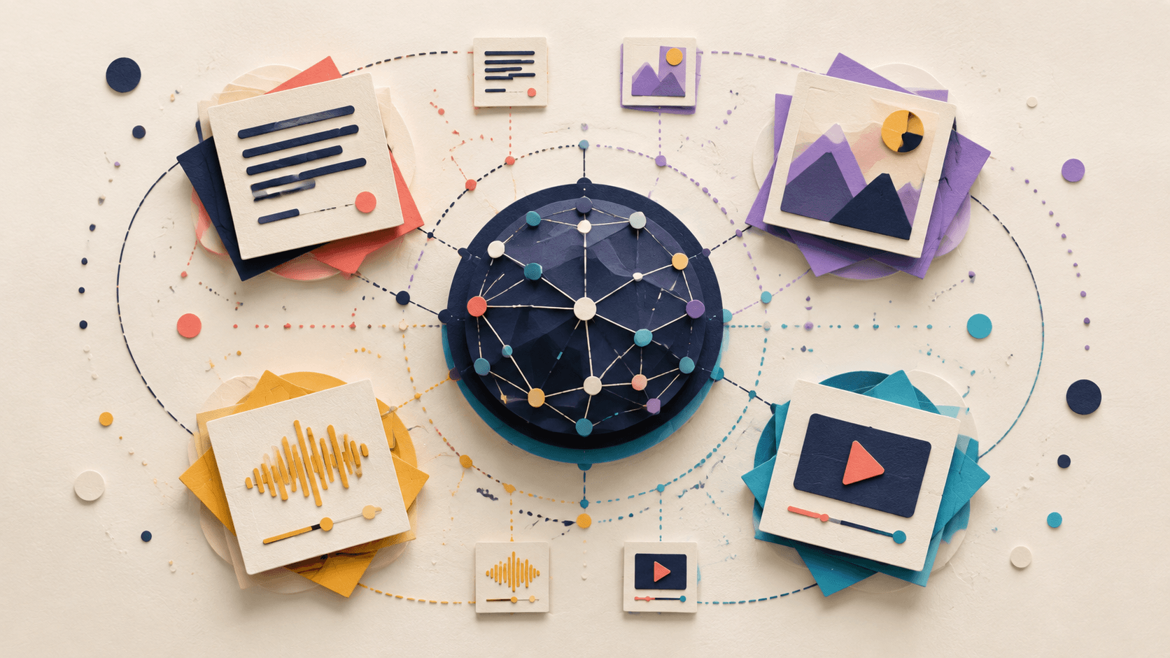 Jina AI Review 2026: Reader, Embeddings, Reranking, and Fit Paper-cut text, image, audio, and video cards connected through a shared semantic vector space