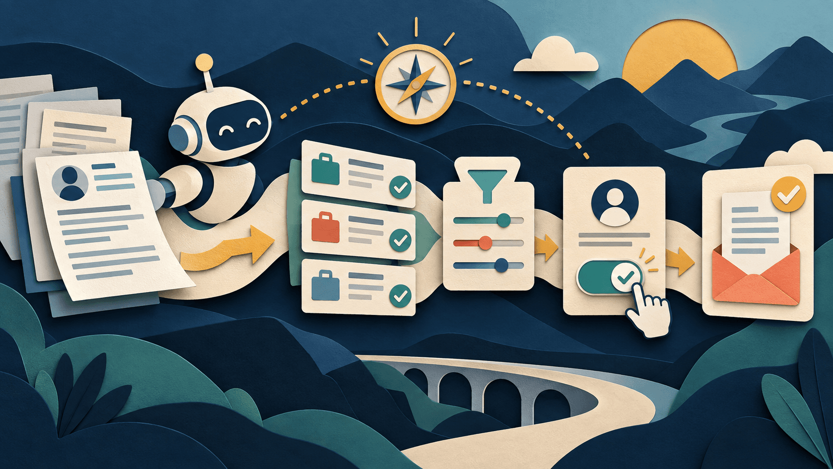 JobCopilot review: AI job application automation Paper-cut editorial illustration of an AI assistant routing a resume through job filters and a human approval gate