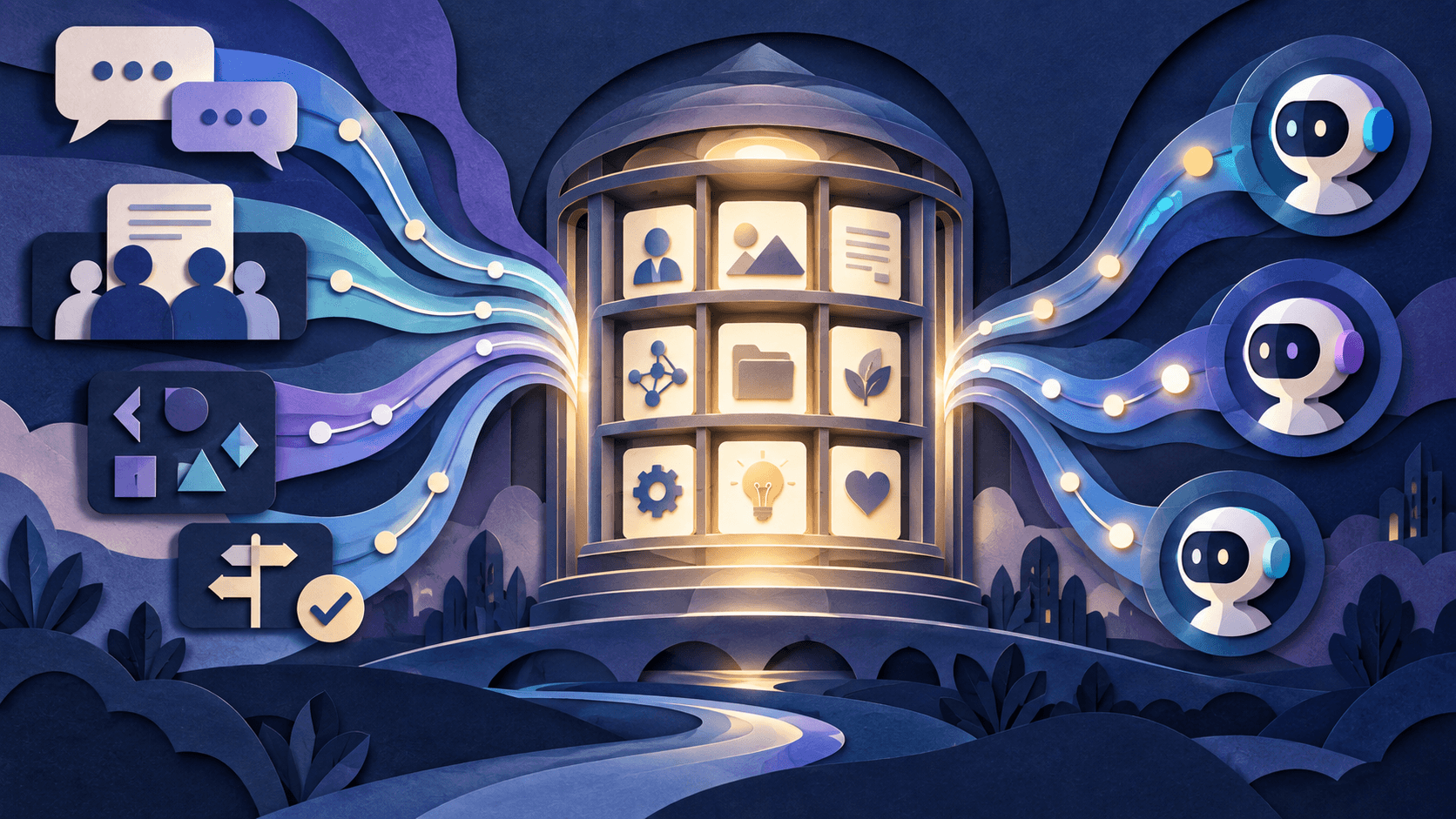 Julep Memory Store Review 2026: Shared AI Context and Fit Paper-cut shared memory library receiving project context from conversations and returning it to several AI assistants