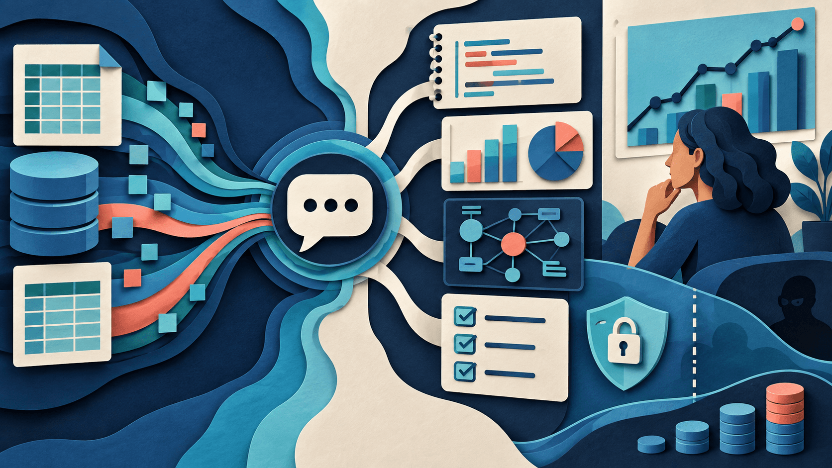 Julius AI Review 2026 Paper-cut editorial illustration of spreadsheets and databases flowing through conversational analysis, executable notebooks, charts, a semantic layer, validation checks, privacy boundaries, and cost controls
