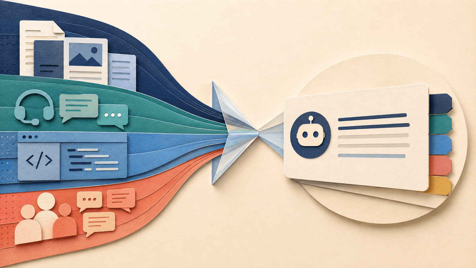 Kapa Review 2026: Technical Support Retrieval and Pricing Paper-cut documentation, code, support, and community streams converging into one cited answer