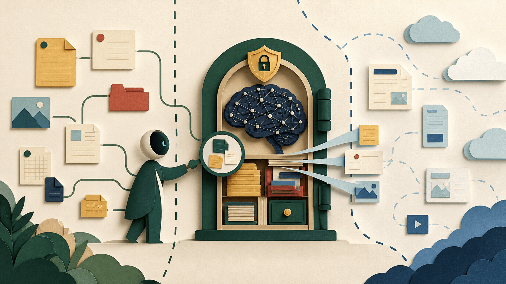 Khoj AI Review 2026: Self-Hosting, Privacy, Pricing, and Fit Paper-cut illustration of a protected personal knowledge archive retrieving selected notes across a local and cloud boundary
