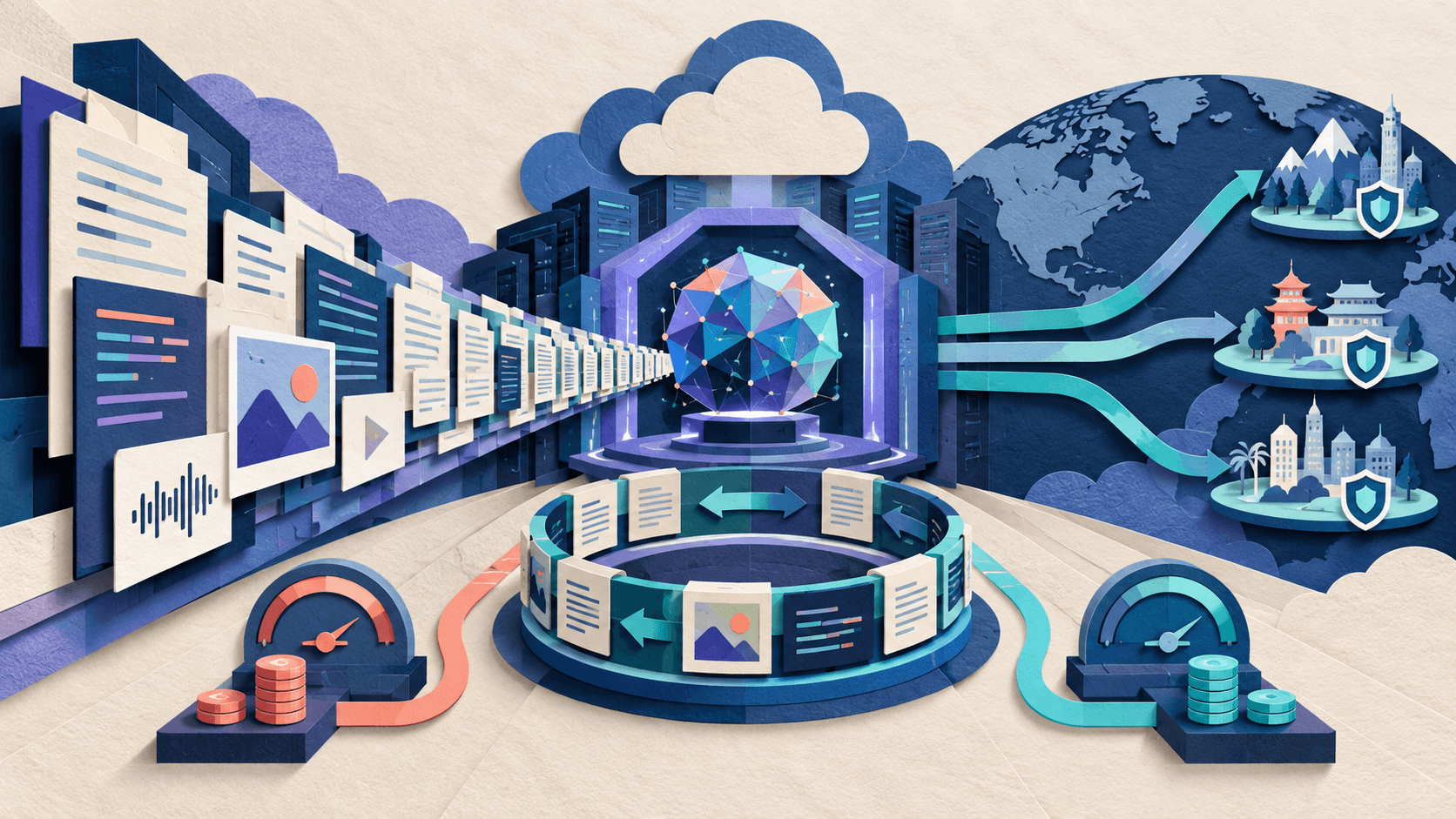 Kimi K3 on Amazon Bedrock Paper-cut editorial illustration of a multimodal model reading code documents and images through a million-token corridor with reusable prompt blocks and cost meters