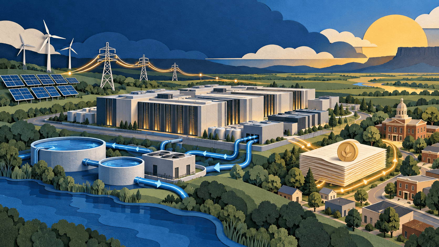lambda oklahoma ai data center 2026 Paper-cut editorial illustration of an AI data center connected to a flexible grid, closed-loop cooling, and a measurable community-benefit ledger