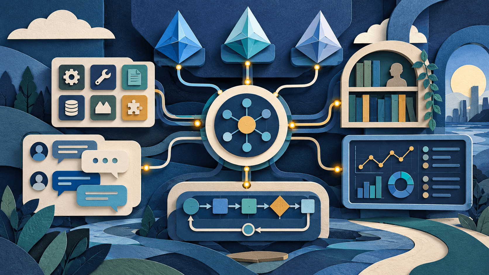 Langbase Review 2026: Serverless AI Agents, Pricing, and Fit Paper-cut serverless AI workshop connecting models tools workflows memory threads and observability