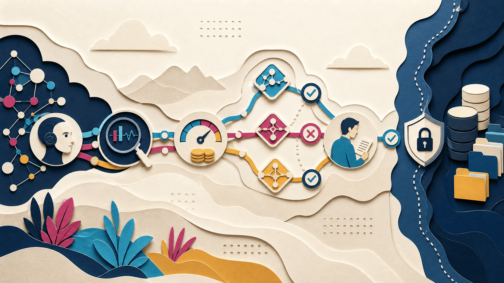 Langfuse Review 2026: LLM Observability, Pricing, Security, and Fit Paper-cut illustration of an AI agent workflow passing through tracing, cost, evaluation, human review, and protected data checkpoints