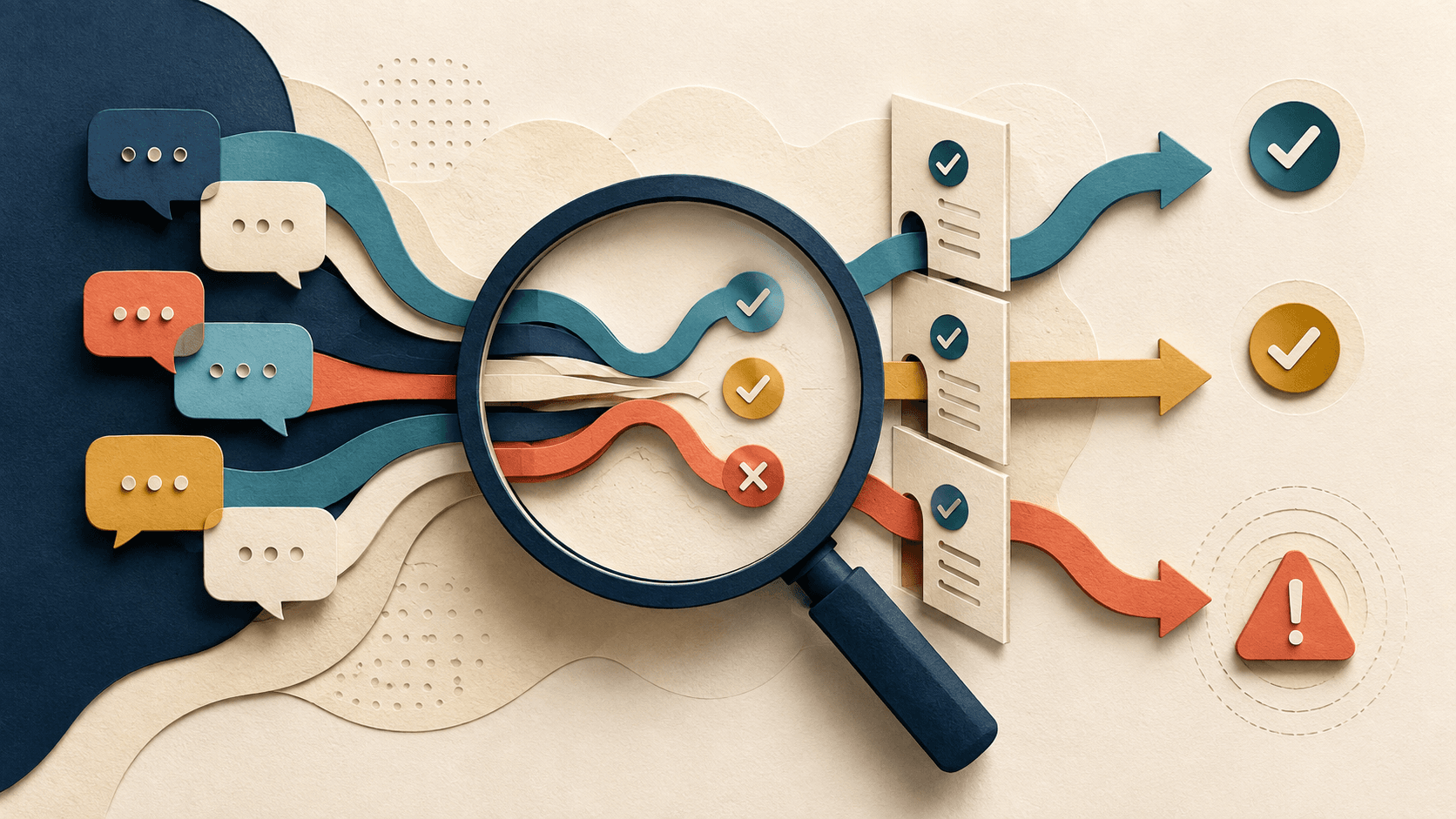 LangWatch Review 2026: Agent Evaluation, Simulations, and Pricing Paper-cut conversation paths inspected through a magnifying lens and evaluation gates