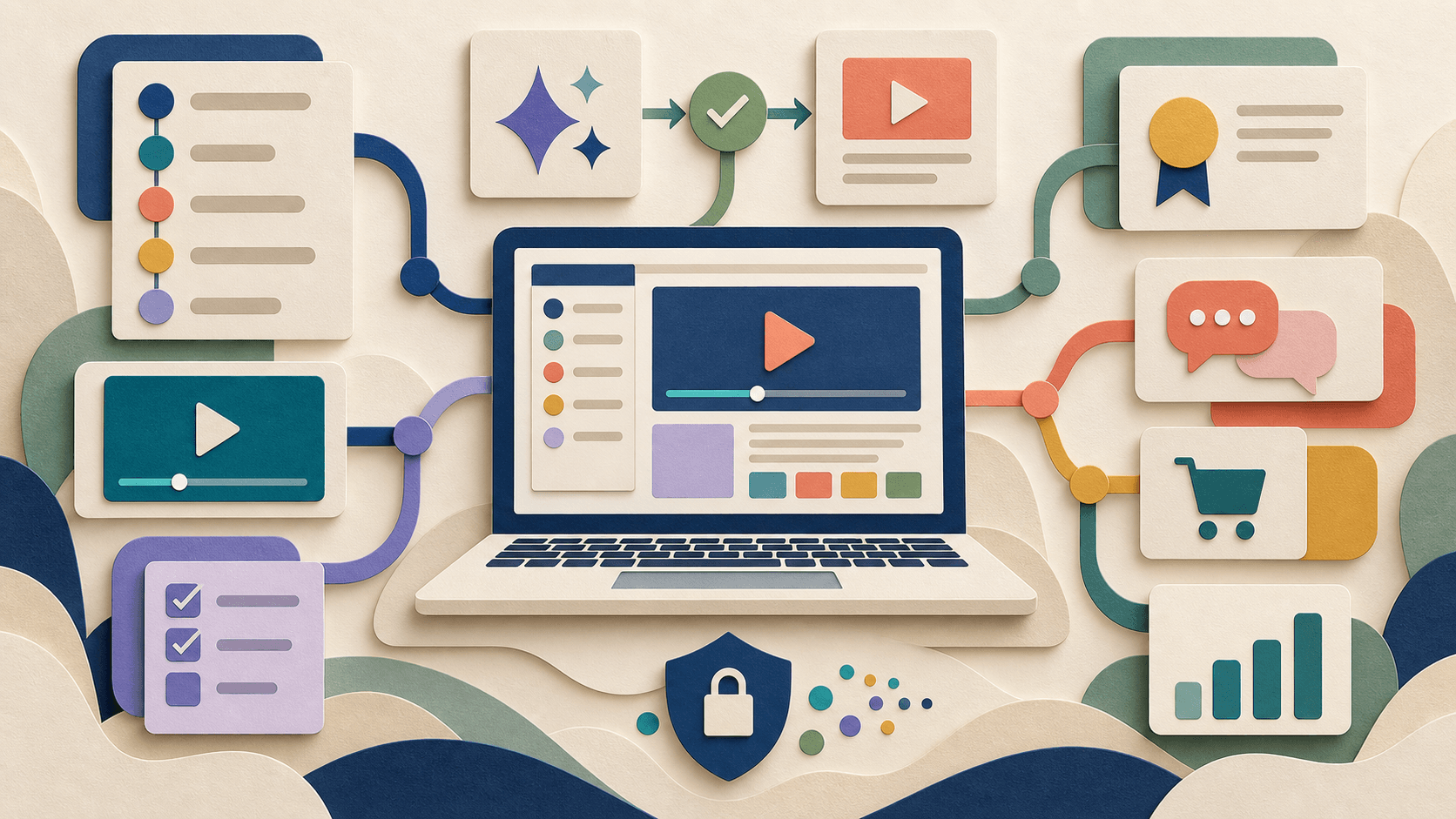 LearnWorlds review: AI-assisted course creation and academy operations Paper-cut editorial illustration of an online course workspace connected to video, assessments, certificates, community, commerce, analytics, AI assistance, and a privacy shield