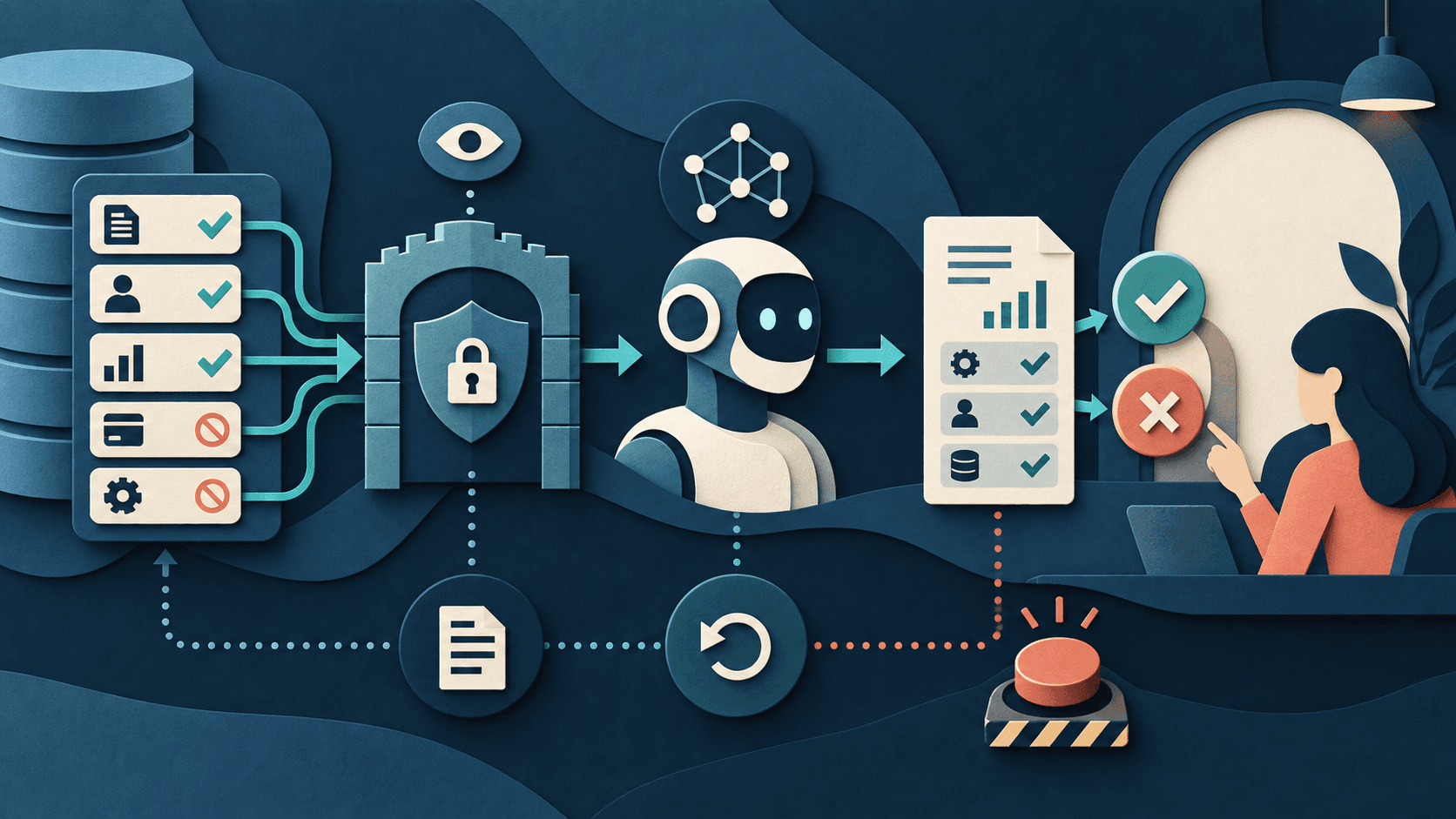least privilege ai integration checklist Paper-cut editorial illustration of business data passing through a scoped identity, allowlist, AI proposal, deterministic validation, human approval, audit log, rollback, and kill switch