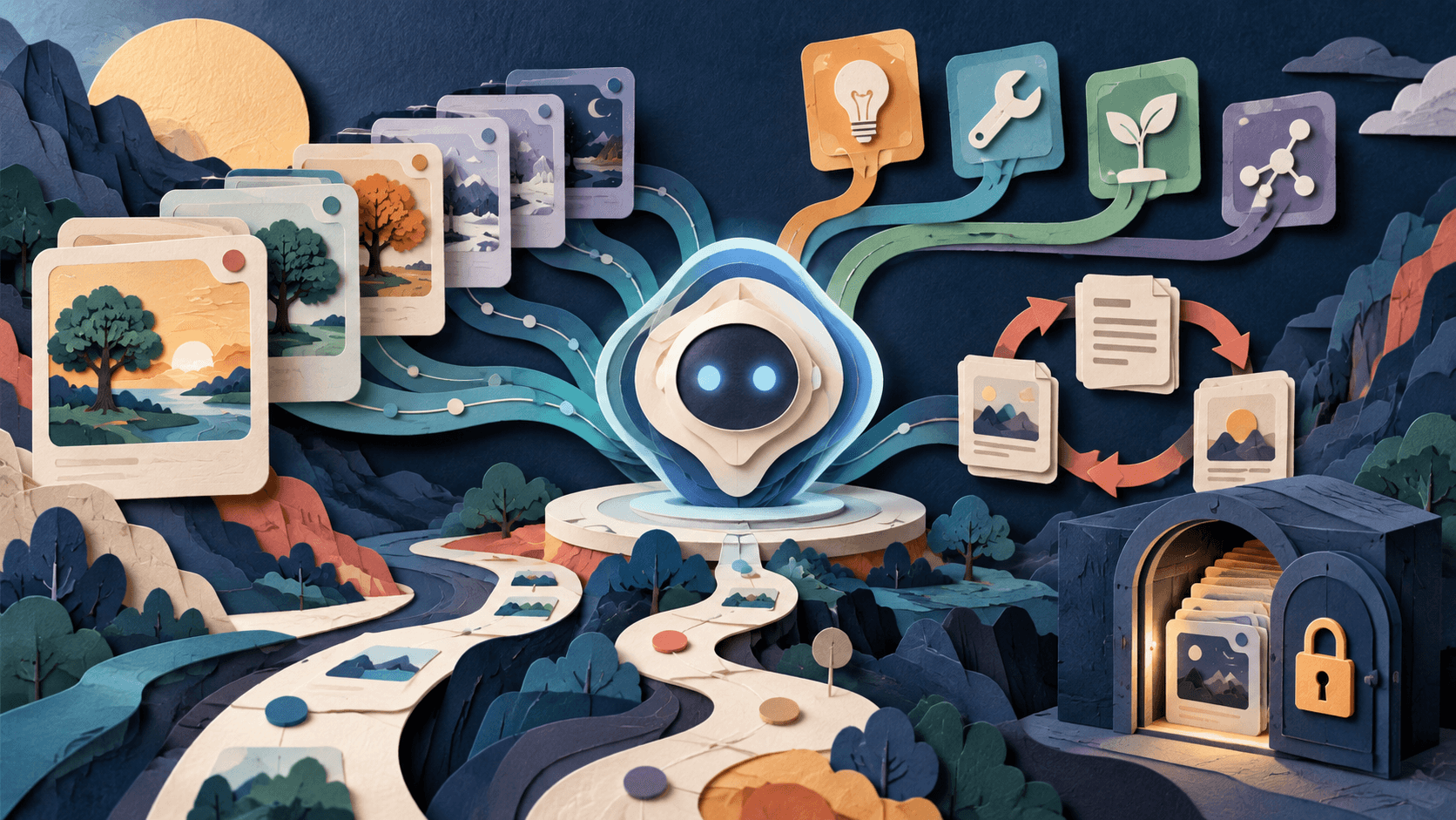 Letta Review 2026: Persistent Agents, Memory, Pricing, and Risks Paper-cut editorial concept showing a persistent agent organizing versioned memories and learned skills