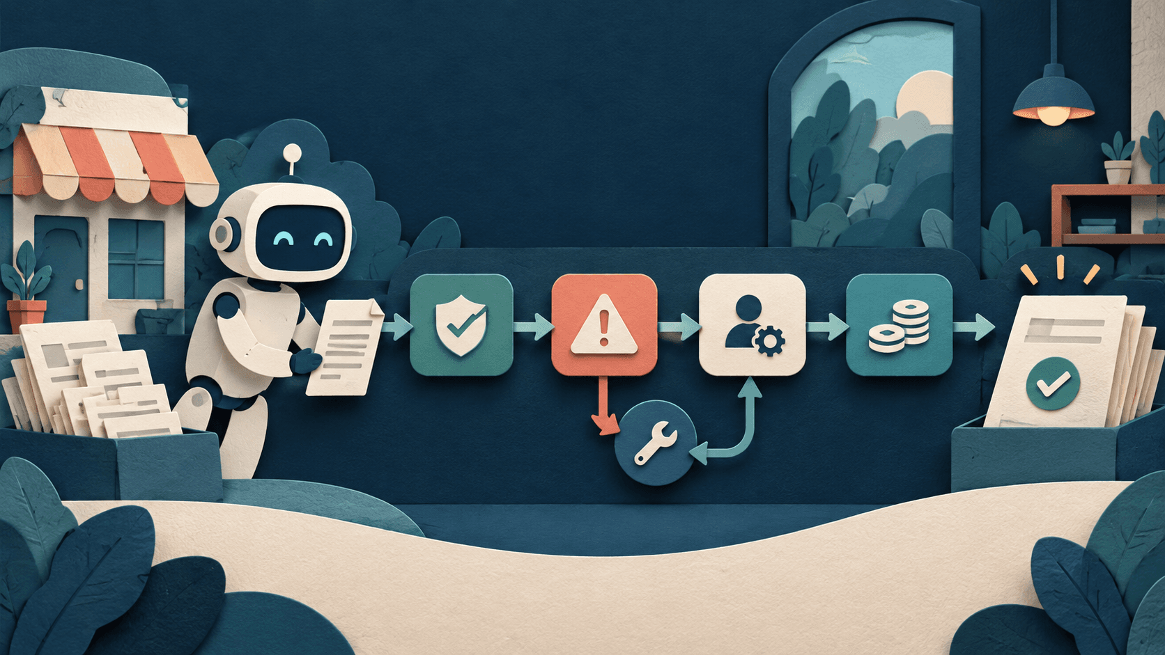 Lindy vs. Gumloop: AI Assistant or Visual Automation Builder? Paper-cut editorial illustration of an AI assistant and visual workflow completing the same job through approval cost and recovery gates