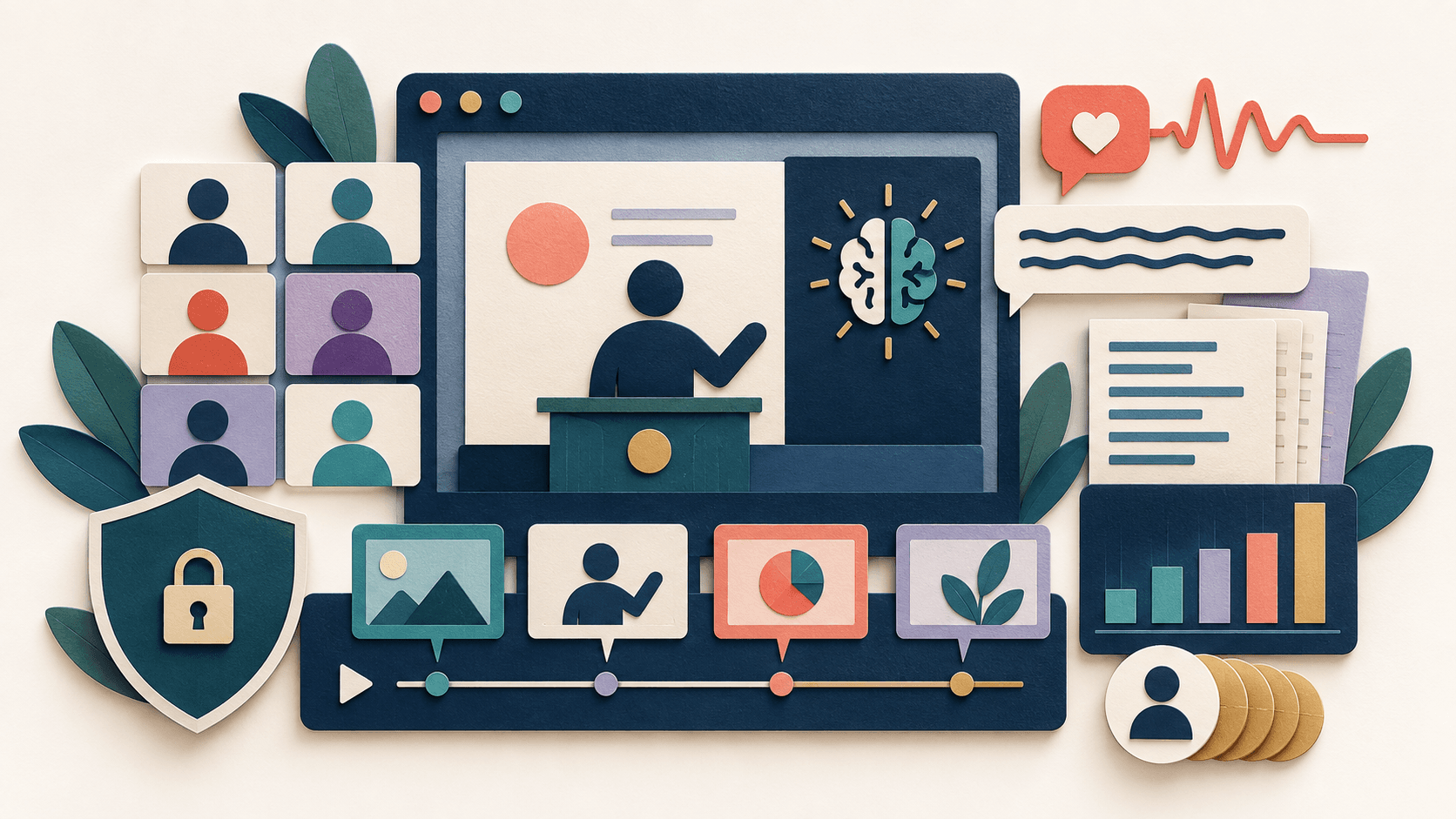 Livestorm review: browser webinars and AI content workflows Paper-cut editorial illustration of a browser webinar stage linked to audience tiles, captions, transcripts, analytics, social clips, and a privacy shield