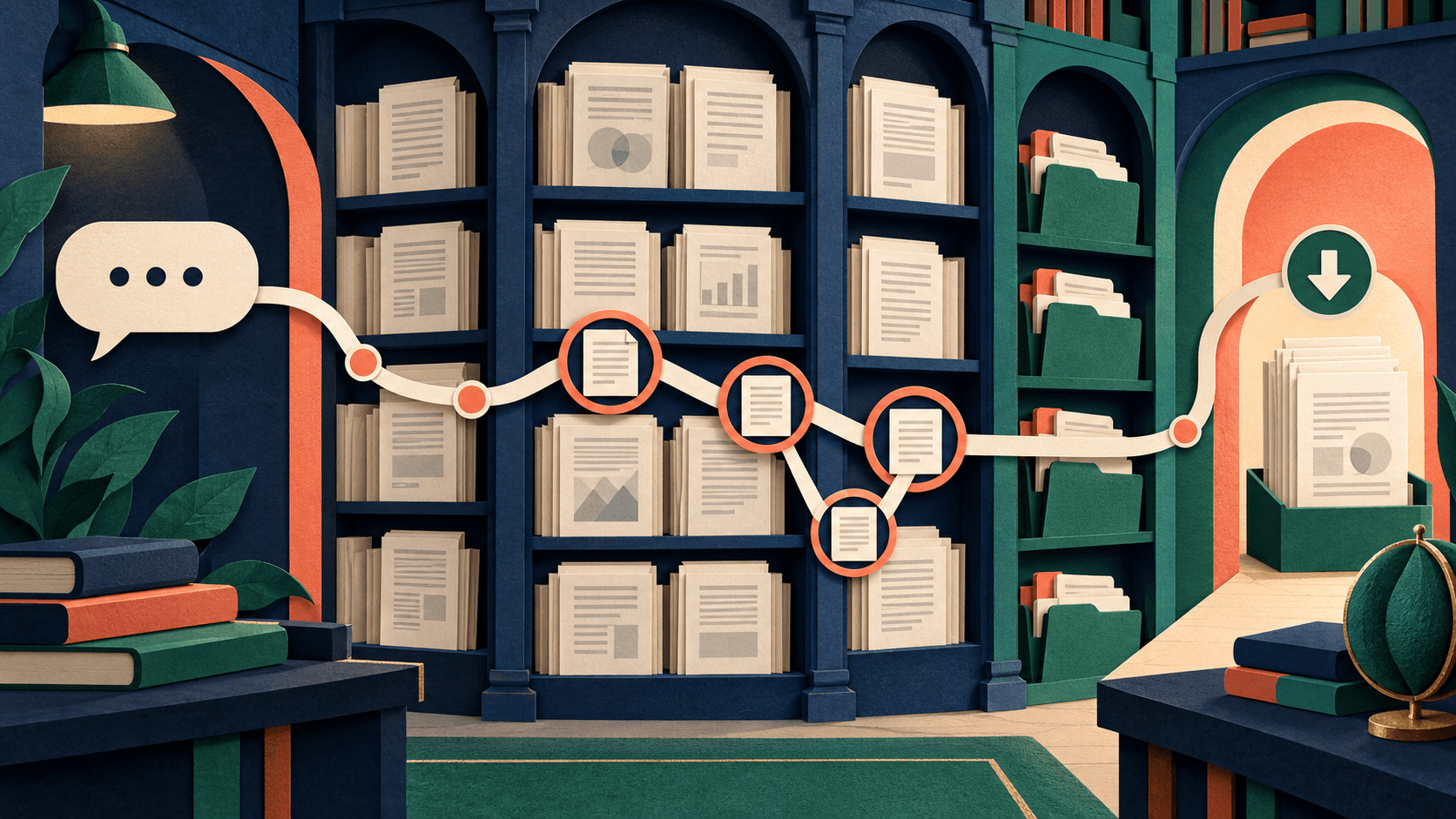 Research papers organized into a source library with question, citation, and export paths Research papers organized into a source library with question, citation, and export paths