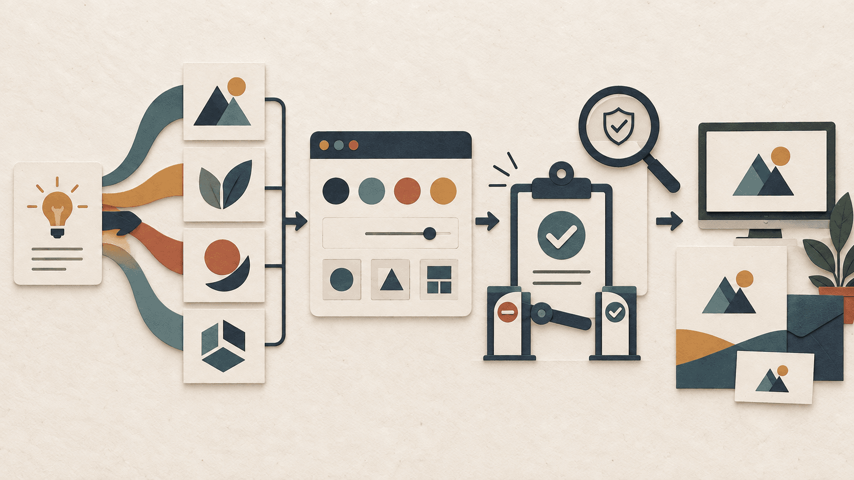 LogoMe.ai review Paper-cut editorial illustration of logo concepts moving through customization, human approval, originality review, and digital and print exports