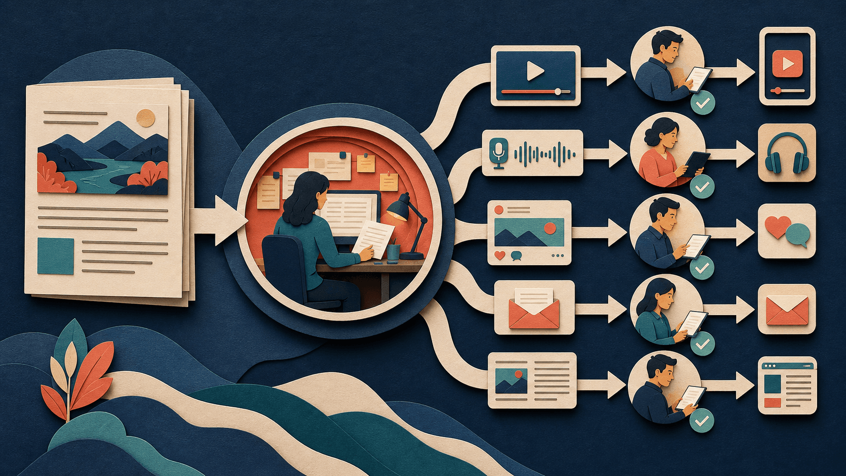 Long-form to short-form content repurposing system Editorial illustration of one long-form source branching through an editorial review hub into video, audio, social, email, and article assets