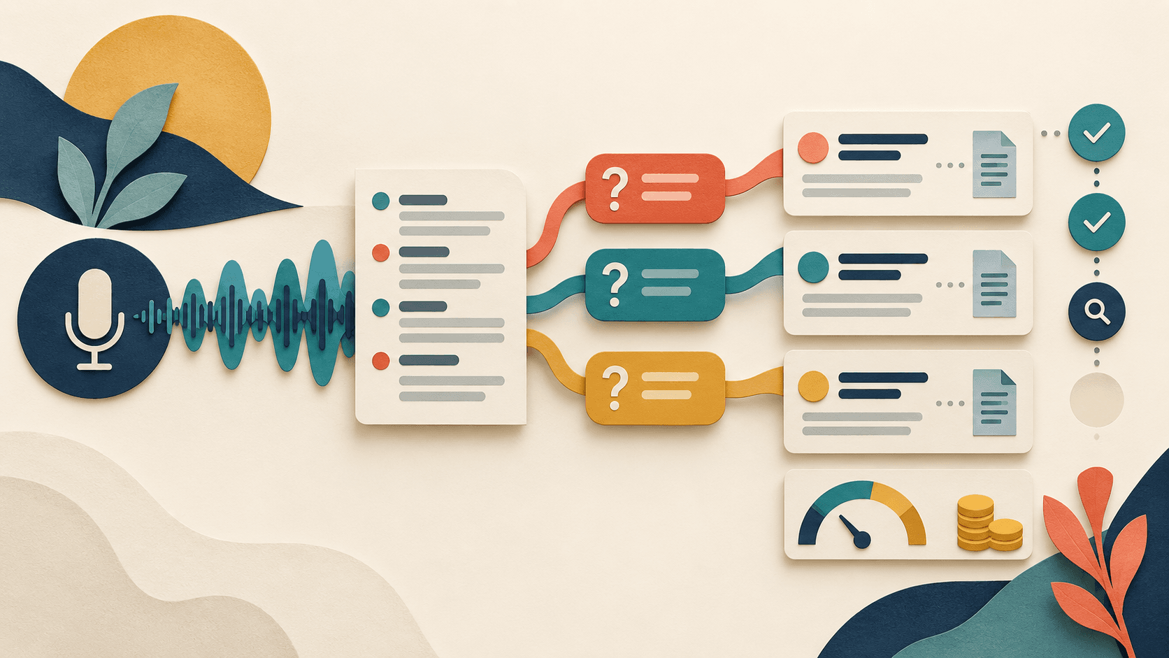interview evidence moving through analysis, source checks, and cost review Paper-cut editorial illustration of interview evidence moving through analysis, source checks, and cost review