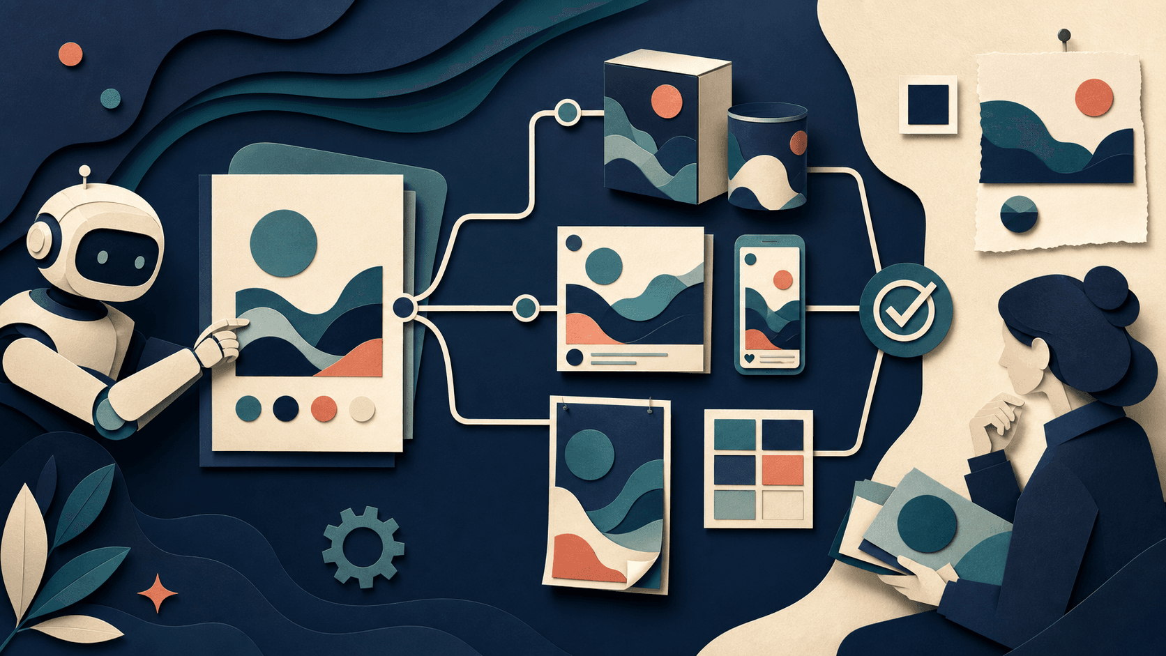 Lovart AI design agent review Paper-cut editorial illustration of an AI design agent expanding one brief into coordinated packaging, social, poster, and palette assets under human review
