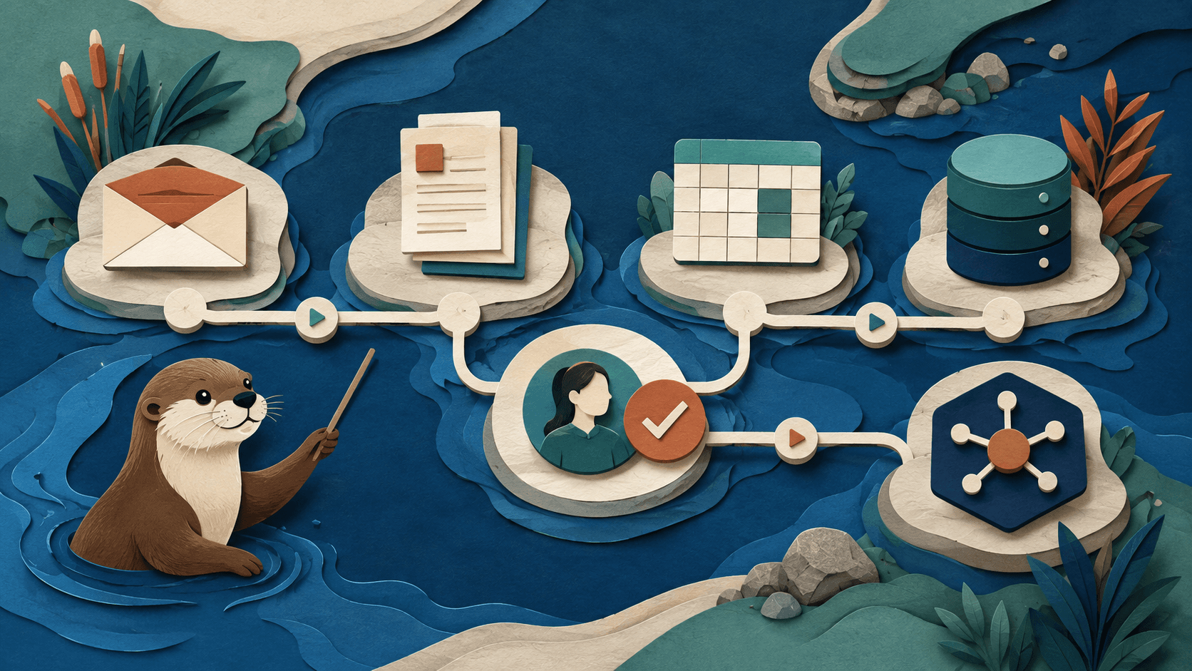Lutra AI Review 2026: Data and Workflow Automation Paper-cut otter-like workflow guide connecting email, documents, spreadsheets, APIs, and an approval checkpoint