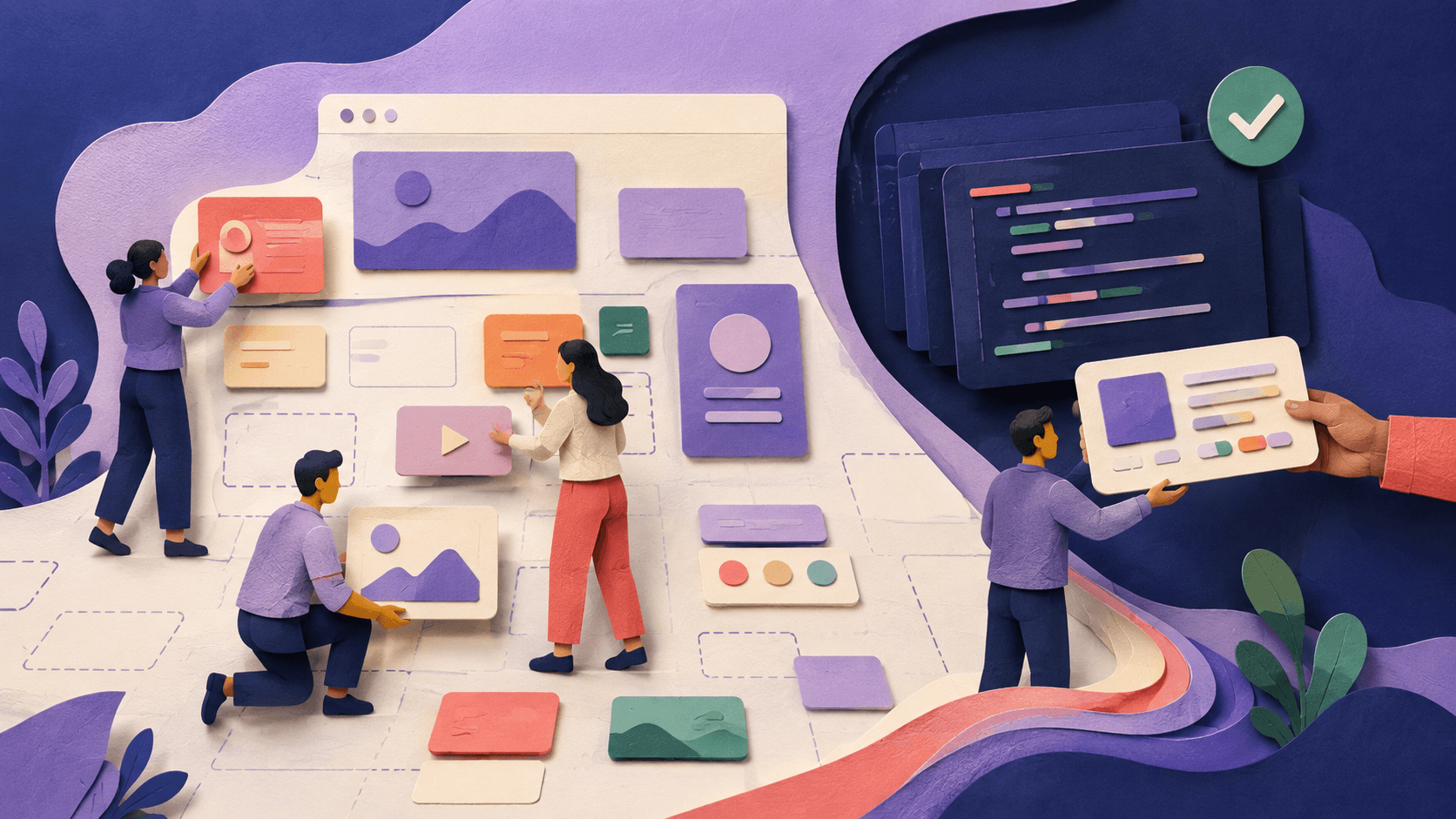 Magic Patterns Review 2026: AI Prototypes for Product Teams Paper-cut product team arranging responsive interface components across a shared prototype canvas and code handoff