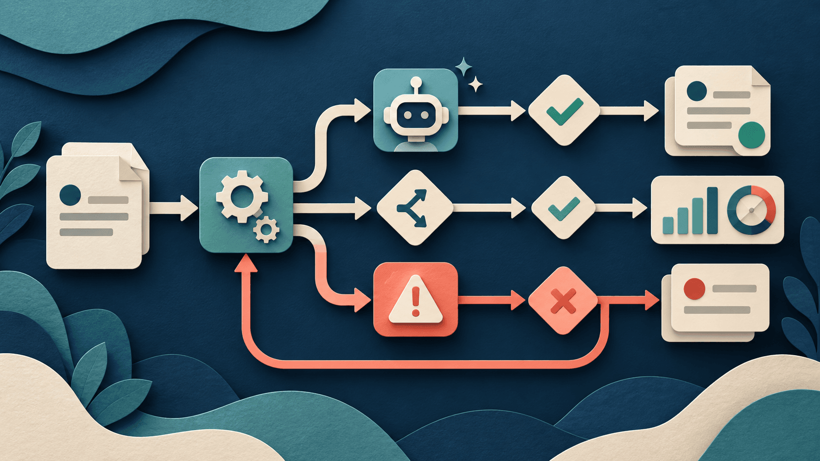 make review 2026 Paper-cut editorial illustration of a visible automation canvas with deterministic paths, a bounded AI agent, approval gates, usage meters, and replay controls