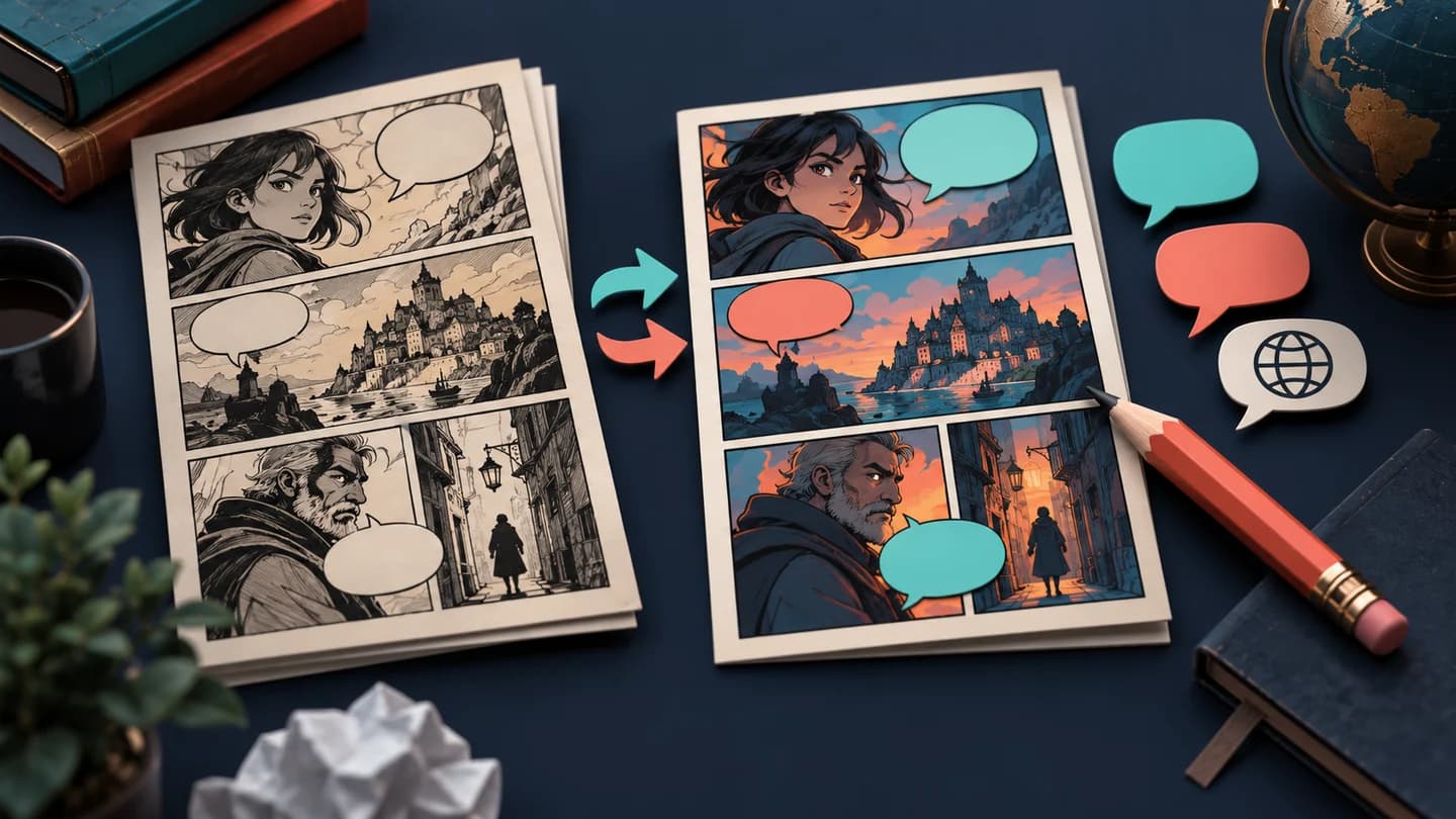 Original comic panels beside empty translated speech bubble shapes and a pencil