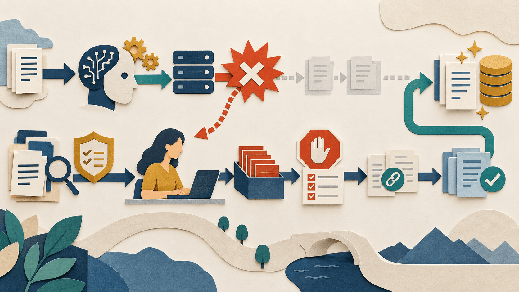 Design a Manual Fallback for Every AI Workflow Paper-cut editorial illustration of an AI workflow switching onto a clearly labeled manual lane with owners, source records, stop rules, backlog control, and duplicate-safe recovery