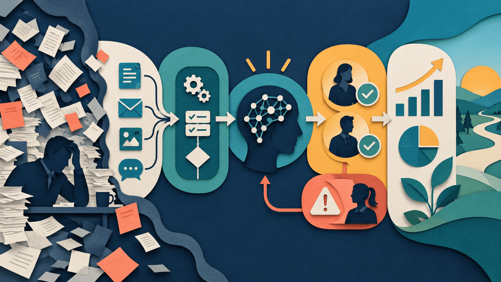 How to Map a Workflow Before Adding AI Abstract paper-cut editorial illustration of a messy manual process becoming a clear map of inputs, rules, AI judgment, approvals, exceptions, and measurable outcomes