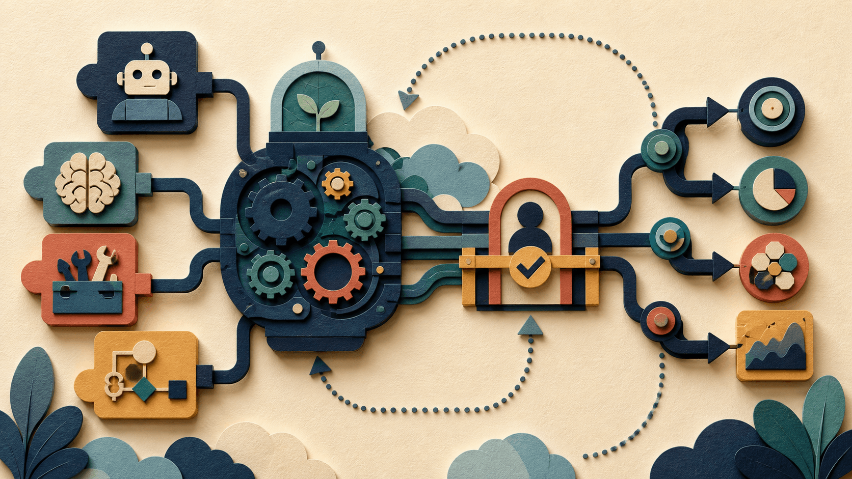 Mastra Review 2026: TypeScript Agents, Pricing, Memory, and Fit Paper-cut illustration of agent, memory, tool, and workflow modules forming a durable machine