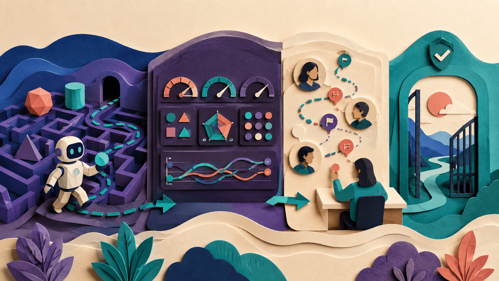 Maxim AI Review 2026: Agent Simulation and Evaluation Paper-cut AI agent moving through a simulation maze, evaluation instruments, human review, and a guarded release gate