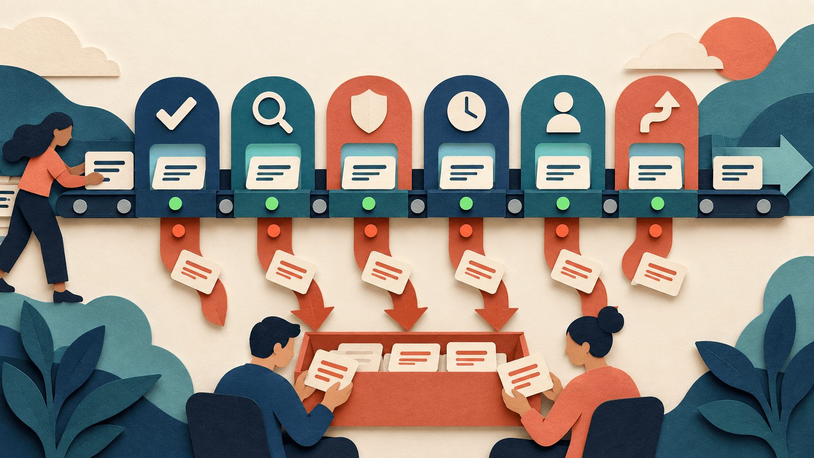 How to Measure AI Support Resolution Quality Paper-cut editorial illustration of support cases moving through correctness durability policy effort escalation and cost checks